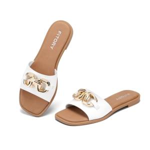 FITORY Women's White Summer Leather Flat Slides