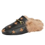 Arqa Women's Leather Fur Mule Flats with Buckle