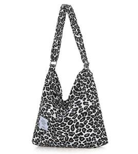 Covelin Women's Retro Large Size Canvas Shoulder Bag Hobo Crossbody Handbag Casual Tote Leopard White