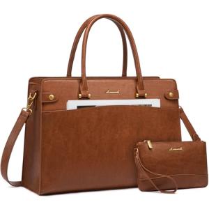 LOVEVOOK Laptop Tote Bag For Women Work, Vintage Leather Computer Bags For Laptops For Women, Waterproof Laptop Bag Business Briefcase Office Large Shoulder Handbag Purse, 15.6 Inch, Brown