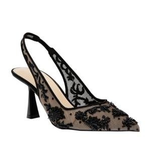 JORISTIMO Black Womens Slingback Kitten Heels Mesh with Beads and Sequins Embroidered Closed Pointed Toe Slip On Pumps WeddingSize 8.5