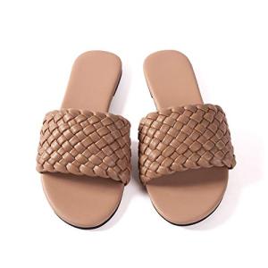 Women Flat Sandals Braided Nude Woven Leather Size 10 Dressy Summer Wedding Slides Comfort Handmade Weave Fashion (Weave Nude 2, 10)