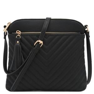 Chevron Quilted Crossbody Bag with Tassel (Black)