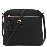 Chevron Quilted Crossbody Bag with Tassel (Black)