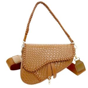 Stylish Khaki Woven Crocodile-Print Shoulder Bag
