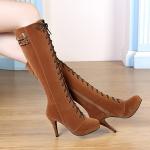 Womens Brown Suede Lace-Up Knee High Boots