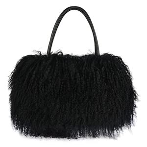 Luxury Black Lamb Fur Handbag with Leather Handles