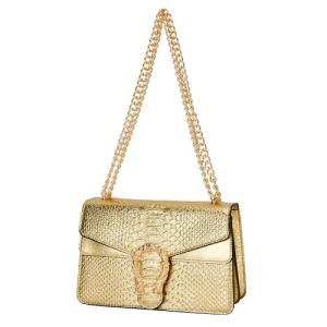 Gold Snake Print Leather Chain Shoulder Bag