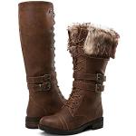 GLOBALWIN Women's Mid Calf To Knee High Boots Dressy Lace Up Brown Combat Boots for Women Low Heel Size 8.5M