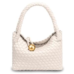 KaloKalo Small Woven Handbag Women Top-Handle Hobo Bag Purse Vegan Leather Luxurious Soft Casual Classic Fashion Shoulder Crossbody Bags Clutch with Gold Ball Clasp Gift for Her (Ivory White)