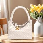 KaloKalo Small Woven Handbag Women Top-Handle Hobo Bag Purse Vegan Leather Luxurious Soft Casual Classic Fashion Shoulder Crossbody Bags Clutch with Gold Ball Clasp Gift for Her (Ivory White)