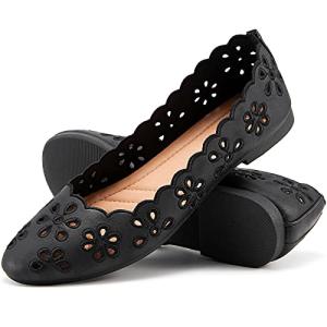 FRACORA Women's Ballet Flats Black PU Leather Dress Shoes Comfortable Round Toe Slip on Flats with Breathable Eyelets(Black.US10)