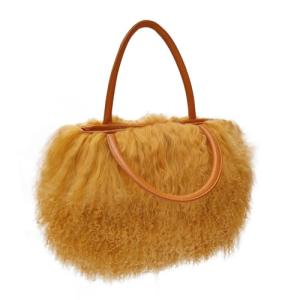 FINILUO Women Luxury Real Lamb Mongolian Flush Wool Fur With Genuine Leather Handles Handbag Camel