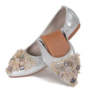 VYKF Womens Ballet Flats Foldable Rhinestone Pointed Toe Comfortable Slip on Wedding Flat Shoes Dress Flats for Women Silver Size 9