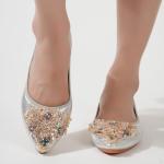 VYKF Womens Ballet Flats Foldable Rhinestone Pointed Toe Comfortable Slip on Wedding Flat Shoes Dress Flats for Women Silver Size 9