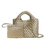 OUYGZOU Woven Tote Bag for Women with Coin Purse, Foldable Chain Small Crossbody Handbags, Fashion Shoulder Bag, Hobo Satchel (Champagne)
