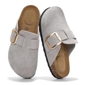 Project Cloud Genuine Leather Clogs for Women Shoes - Memory Foam Insole, Non-Slip & Natural Cork Footbed Arch Support Big Buckle Womens Clogs and Mules for Women Footwear(Manchester, Gray, 10)