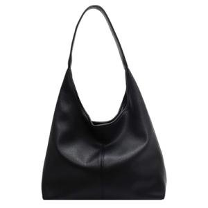 Hobo Bags for Women Slouchy Tote Bag Soft Casual PU Leather Shoulder Purses 2pcs Work Everyday Handbags (Black)