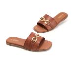 Rihero Womens Flat Sandals Fashion Square Open Toe Slides Slip On Dressy casual Slide Sandals with Metal Chain Cognac Size 9