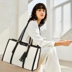 LOVEVOOK Laptop Bag for Women - 17 inch Lightweight Canvas Laptop Tote, Large Capacity Computer Bag with Clutch Purse for Business, Work, Travel, School (Beige & Black, 17 Inch)