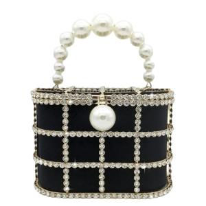 Boutique De FGG Elegant Evening Handbag with Pearl Rhinestone Bucket Bag Crystal Clutch Purses for Wedding Party Small Tote,Black