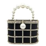 Boutique De FGG Elegant Evening Handbag with Pearl Rhinestone Bucket Bag Crystal Clutch Purses for Wedding Party Small Tote,Black