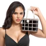 Boutique De FGG Elegant Evening Handbag with Pearl Rhinestone Bucket Bag Crystal Clutch Purses for Wedding Party Small Tote,Black