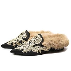 Fericzot Slip On Loafers Womens Embroidery Mule Shoes with Plush Lamb Fur Velvet Slippers Backless Pointed Toe Mule Slides Black Satin-slipper 8.5