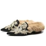 Fericzot Slip On Loafers Womens Embroidery Mule Shoes with Plush Lamb Fur Velvet Slippers Backless Pointed Toe Mule Slides Black Satin-slipper 8.5