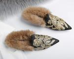 Fericzot Slip On Loafers Womens Embroidery Mule Shoes with Plush Lamb Fur Velvet Slippers Backless Pointed Toe Mule Slides Black Satin-slipper 8.5