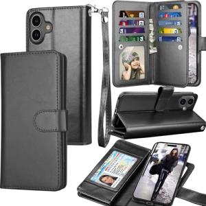 Tekcoo Wallet Case Compatible with iPhone 16 Plus (6.7 inch) 2024 Luxury ID Cash Credit Card Slots Holder Carrying Pouch Folio Flip PU Leather Cover [Detachable Magnetic Hard Case] with Strap [Black]