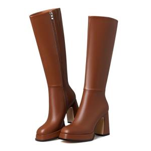 EQAUDES Platform Chunky Heel Knee High Boots Brown Fall Boots for Women 2025 Leather Square Toe Side Zipper