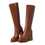 EQAUDES Platform Chunky Heel Knee High Boots Brown Fall Boots for Women 2025 Leather Square Toe Side Zipper