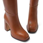 EQAUDES Platform Chunky Heel Knee High Boots Brown Fall Boots for Women 2025 Leather Square Toe Side Zipper