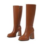 EQAUDES Platform Chunky Heel Knee High Boots Brown Fall Boots for Women 2025 Leather Square Toe Side Zipper