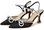 Susanny Black Rhinestone Heels for Women Sparkly Pearl Bow Heels Evening Party Ankle Strap Closed Toe Pumps Office Kitten Heels Dress Heeled Prom Shoes 8.5