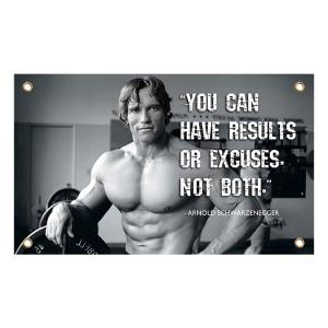 Schwarzenegger Flag: "Results or Excuses" Motivational Decor