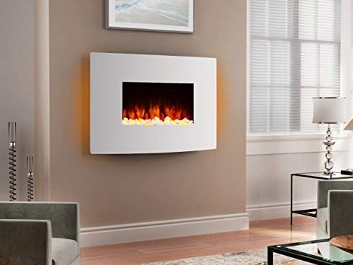 White Curved Glass Wall-Mounted Electric Fire, 1&2kW