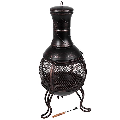 Steel Outdoor Chiminea Patio Heater with Grill, Black & Gold