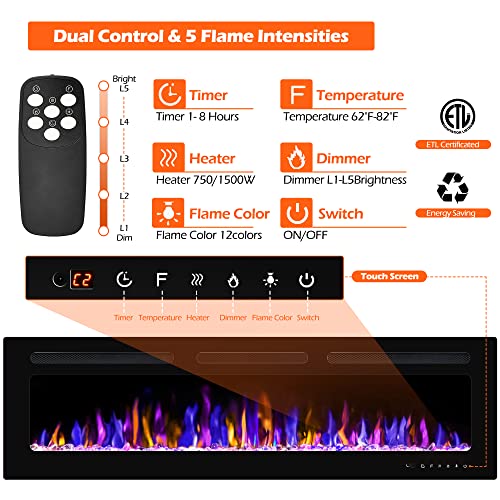 68" Electric Fireplace Wall Mounted with Remote Control