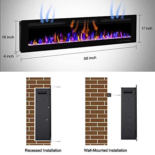 68" Electric Fireplace Wall Mounted with Remote Control