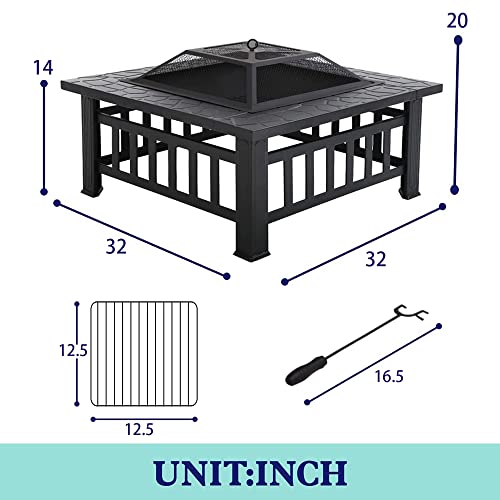 32in Square Metal Firepit for Outdoor Heating
