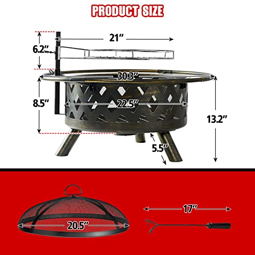 Aoxun 30in Fire Pit with Grill & Fire Poker