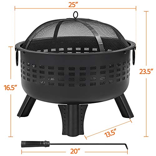 25in Black Iron Fire Pit for Outdoor Wood Burning