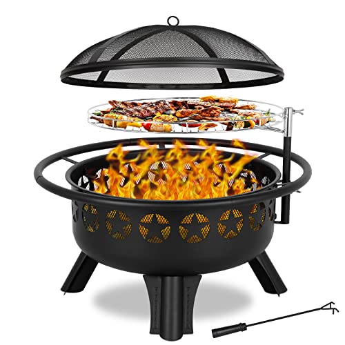 Large 31" Fire Pit with Grill and Swivel Grate