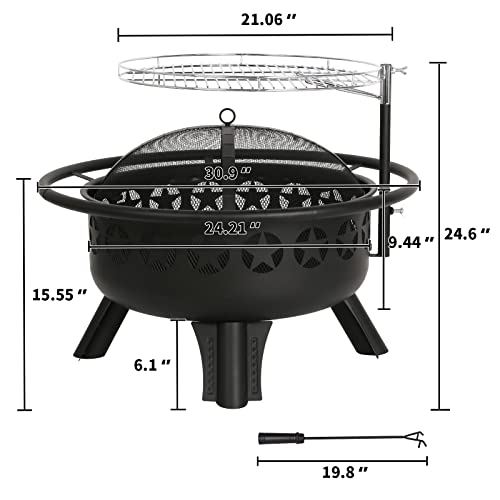 Large 31" Fire Pit with Grill and Swivel Grate