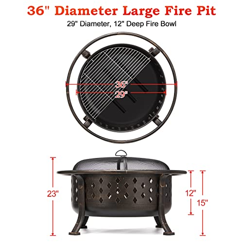 36" Outdoor Wood Burning Fire Pit with BBQ Grate