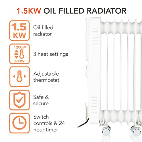 Warmlite Oil Filled Radiator with Timer, White