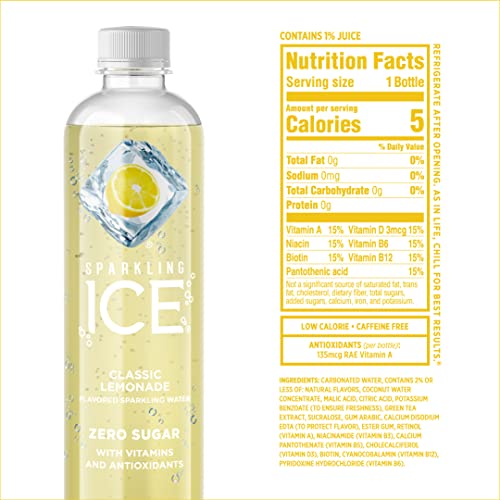 Sparkling Ice, Classic Lemonade Sparkling Water, Zero Sugar Flavored Water, with Vitamins and Antioxidants, Low Calorie Beverage, 17 oz Bottles (Pack of 12)