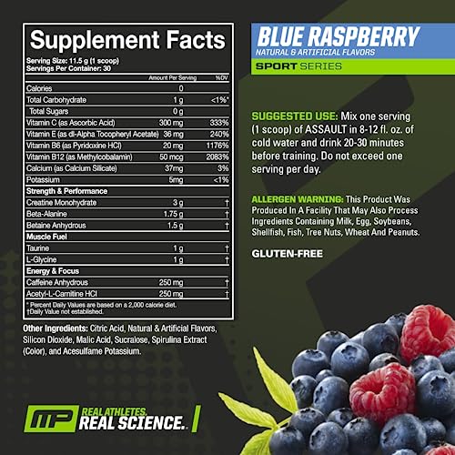 MusclePharm Assault Sport Pre-Workout Powder with High-Dose Energy, Focus, Strength, and Endurance, Blue Raspberry, 30 Servings
